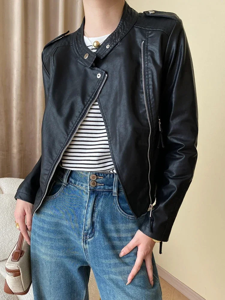 

Simple Cropped Leather Jacket for Women Spring Autumn 2024 Trend Stand Collar Slim Zipper PU Leather Motorcycle Jackets