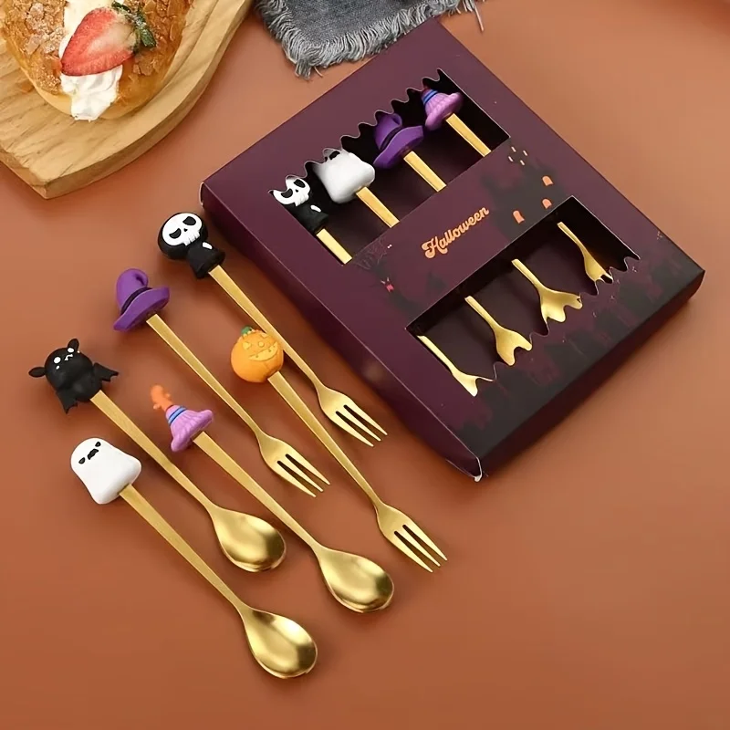 Halloween Forks & Spoons Set of 4/6 Stainless Steel Pumpkin Dessert Mini Appetizer Fork Spoon for Halloween Party Tableware Gift