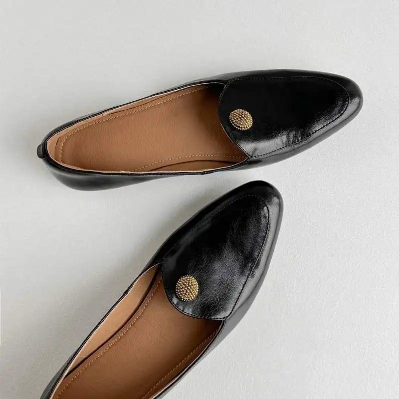 Lenkisen Full Grain Leather Concise Simple Round Toe Slip On Women Spring Metal Fasteners Modern Fashion Autumn Ballet Flats