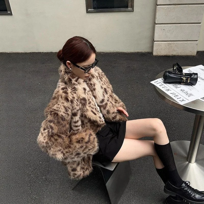 

Ladies' Thiened Artificial Leather Coat Faionable Winter Outerwear with Leopard Print Warm And Sli New Arrival