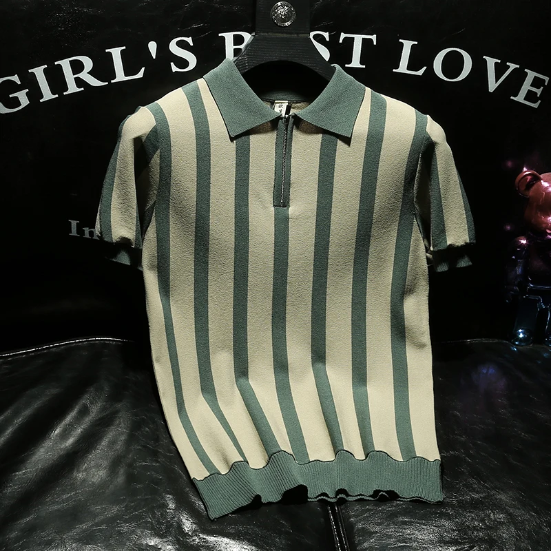 lorkdeem-color-block-striped-slim-fit-knitted-t-shirt-half-zipper-collar-short-sleeve-fashionable-shirt-summer-2024