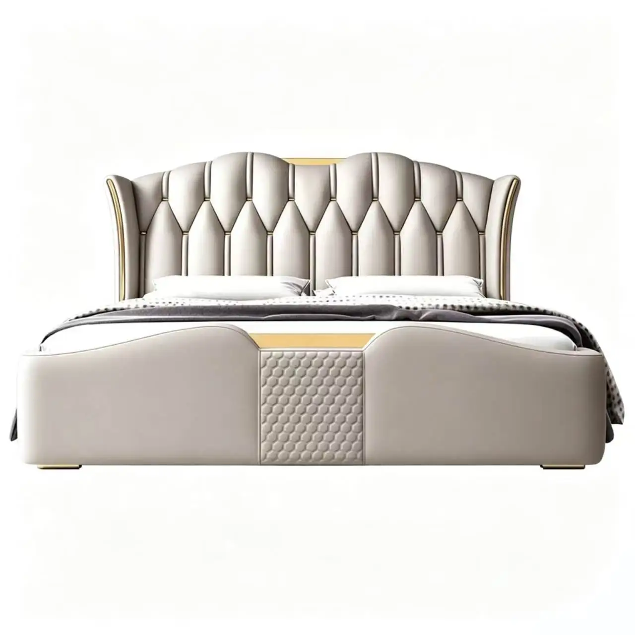 *Wing Back Diamond Tufted Leather Storage Bed Light Luxury Gold Trim Gas Lift Upholstered Queen Bed