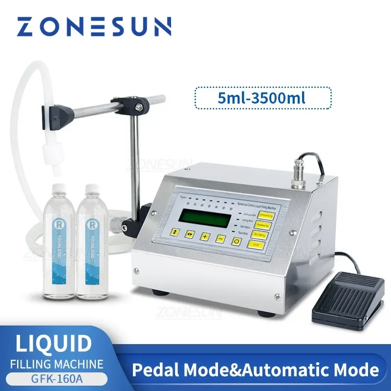 Zonesun Kleine GFK-160A 5-3500Ml Digitale Controle Vloeibare Sap Water Vloeistof Vulmachine Doseren Filler Fles Met Pedaal