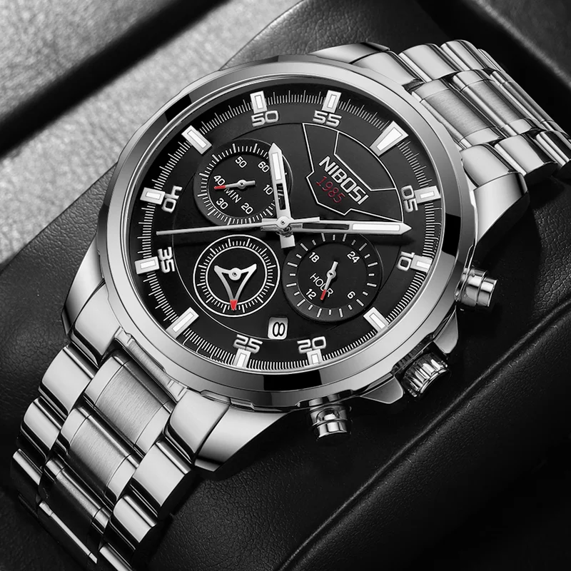 NIBOSI Mens Watches Top Brand Luxury Clock Casual Stainless Steel Men Watch Sport Waterproof Quartz Chronograph RelogioMasculino