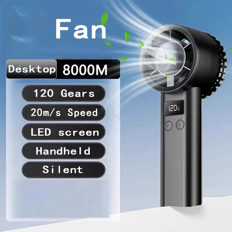 Small Fan Desktop Handheld Electric Fan Office 120 Gears Fan Silent Charging Camping Portable Led Display Wall Hanging