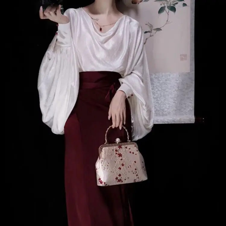 French high-end small fragrant white satin shirt for women in spring, unique  shirt, acetic acid top for summer