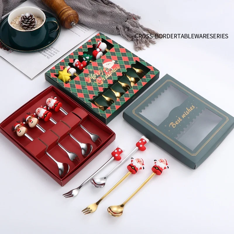 

Наборы рождественской посуды, набор ложек и вилок с подарочной коробкой, мультяшная милая ложка-снеговик, креативные десертные наборы посуды из нержавеющей стали