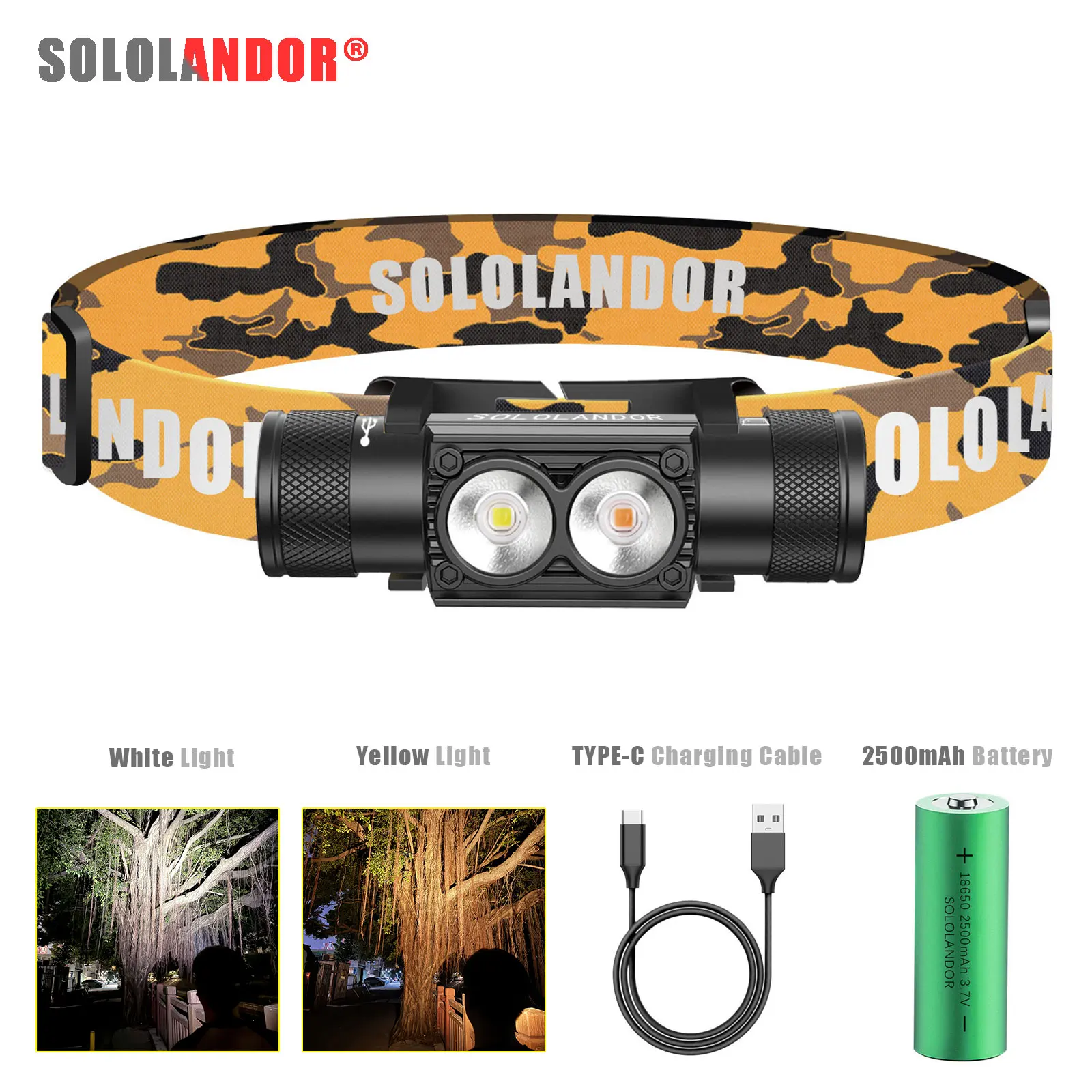 

1 шт. налобный фонарь SOLOLANDOR LED, мощный, белый/желтый свет, аккумулятор 18650, перезаряжаемый через USB Type-C, для кемпинга и охоты