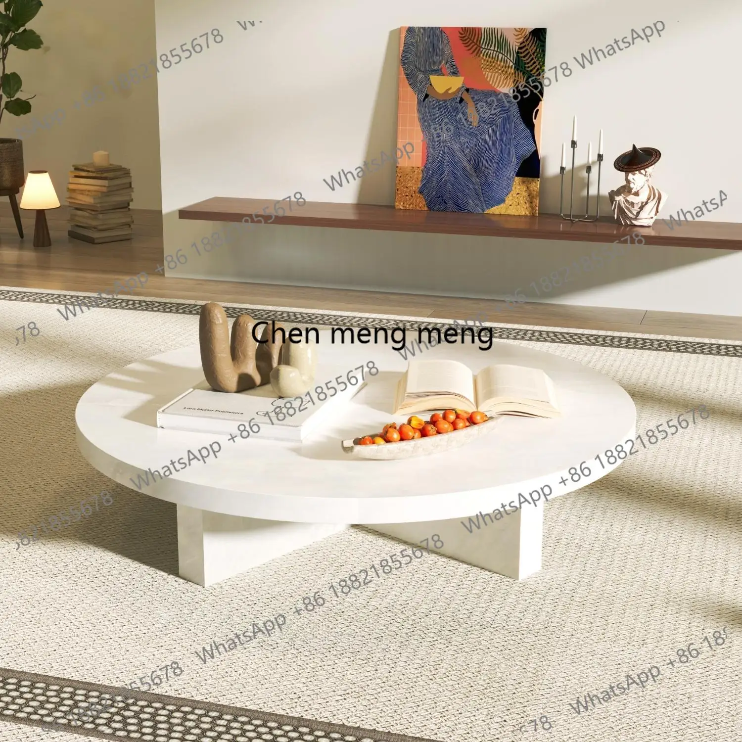 "Pink Jade Round Coffee Table - Luxury Marble Slate Side Table for Spacious Living Room, High-End Stone Tea Table"