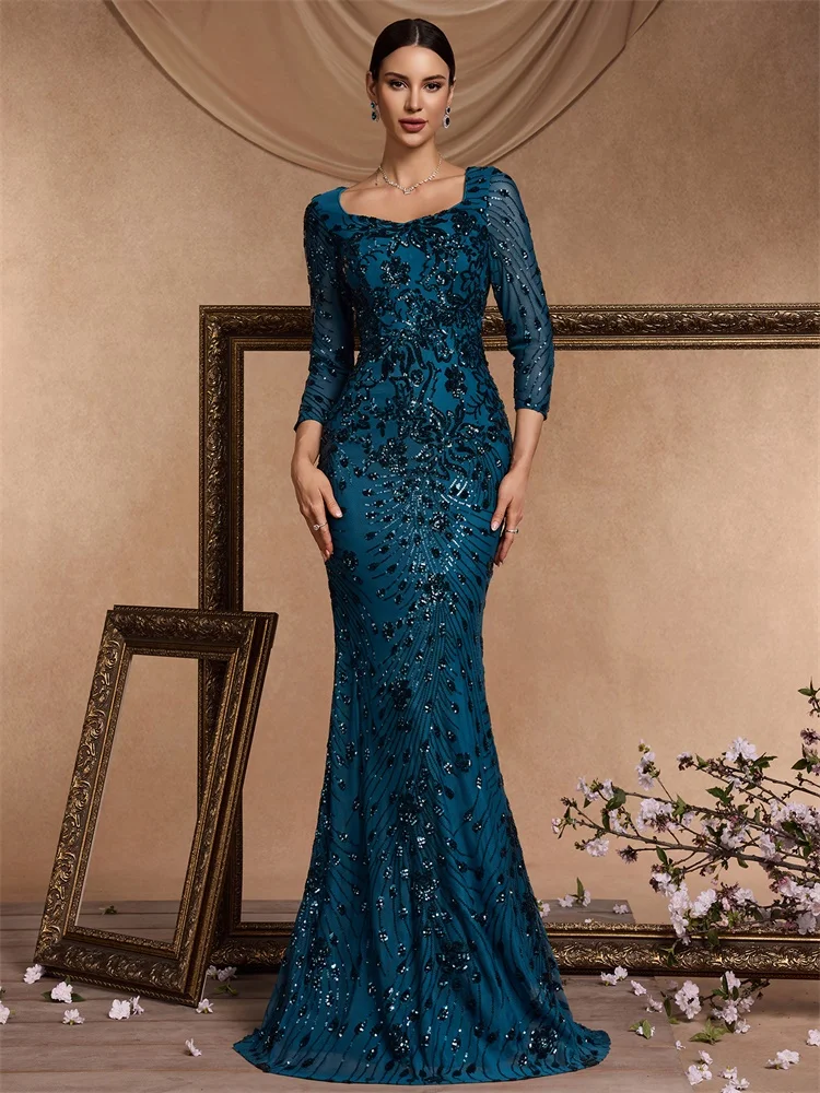 XUIBOL Luxury Blue Sequins Evening Dress Women 2024 Mermaid Formal V-neck Prom Elegant Long sleeve Wedding Party Cocktail Gowns