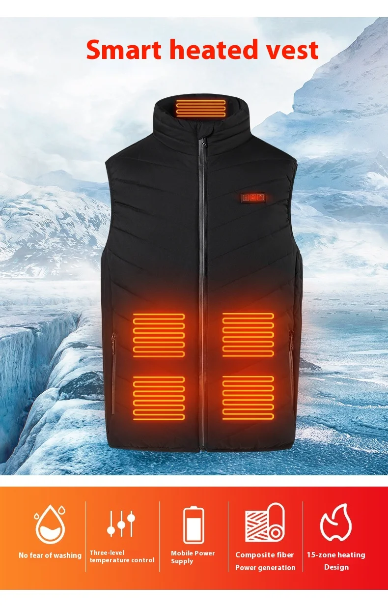 Mens Intelligent Electric Heating Vest 15 Zone Temperature Control Smart Warming Suit Winter Thermal Underwear For Outdoor Sport