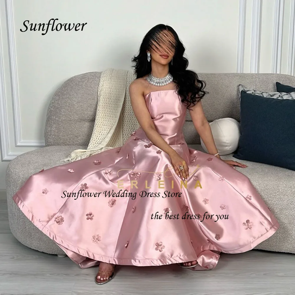 Sunflower Simple Pink Strapless Appliques A-LINE 2024 Slim Satin Ocassion Gown Ankle-Length Formal Evening Dress Party Dress