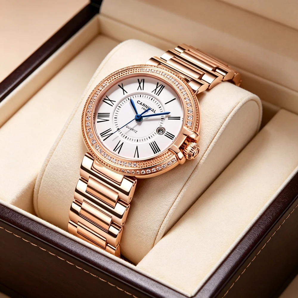 Carnival Brand Fashion Women Watches Waterproof Rose Gold Stainless Steel Luxury Diamonds Quartz Watch Women Relogio Feminino