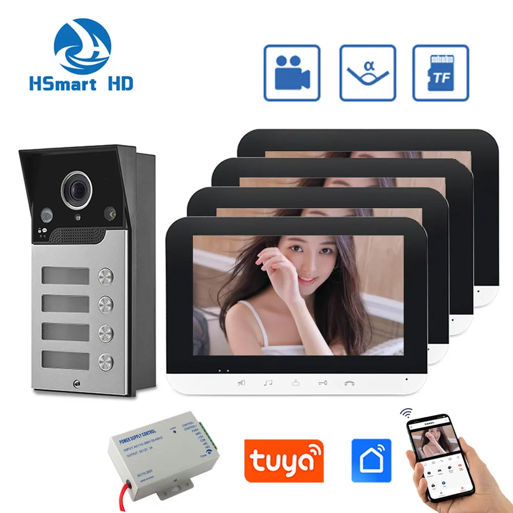 Tuya-Système d\'interphone vidéo pour appartement et famille, sonnette IR, caméra étanche, contrôle d\'accès, moniteurs Wi-Fi, 7 pouces, 2, 3/4