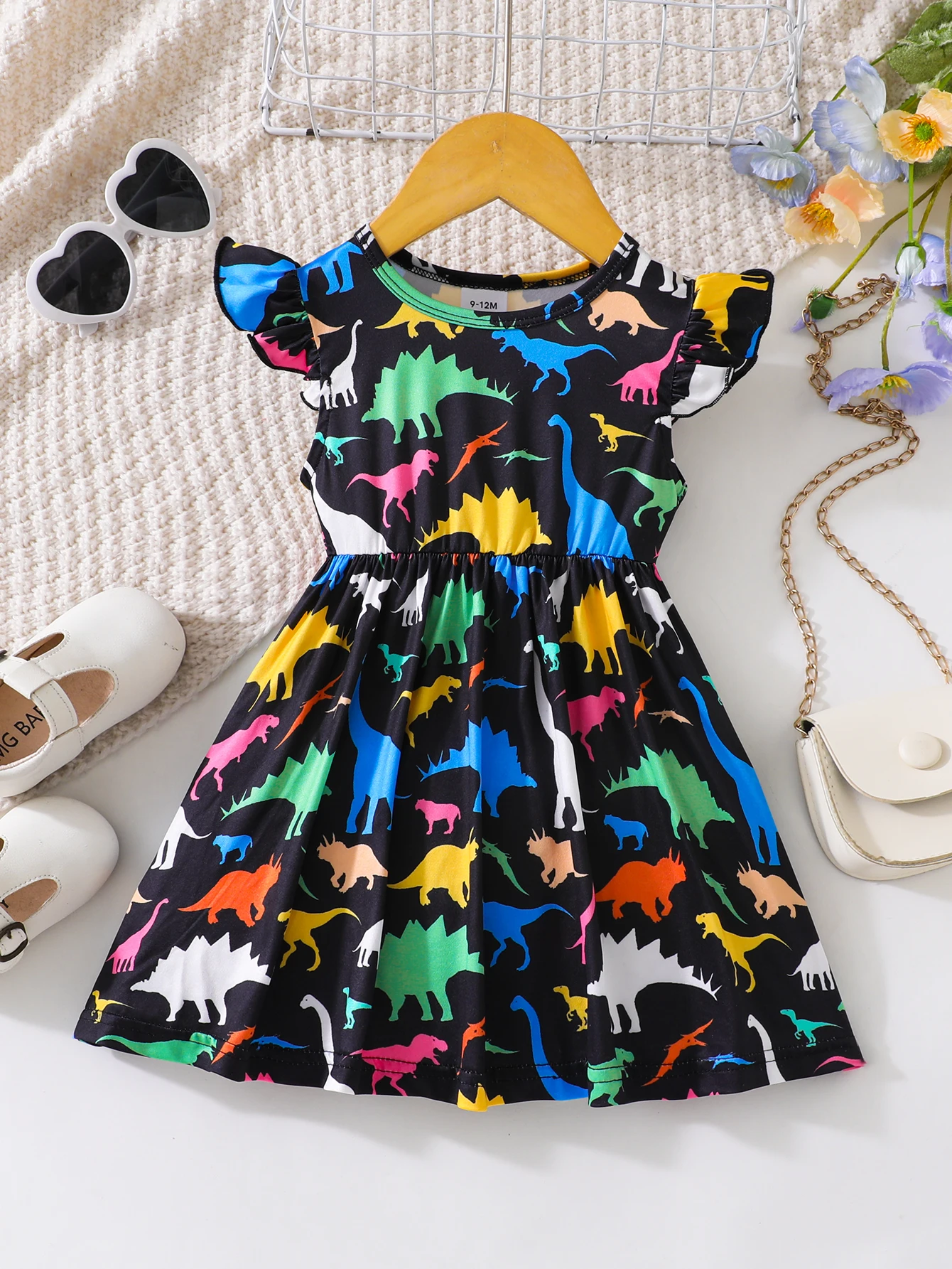 

Girls Dinosaur Dress Black Background Colorful Dino Pattern Capri Sleeve Waist-Cinched Skirt Comfortable Active Kids' Clothing