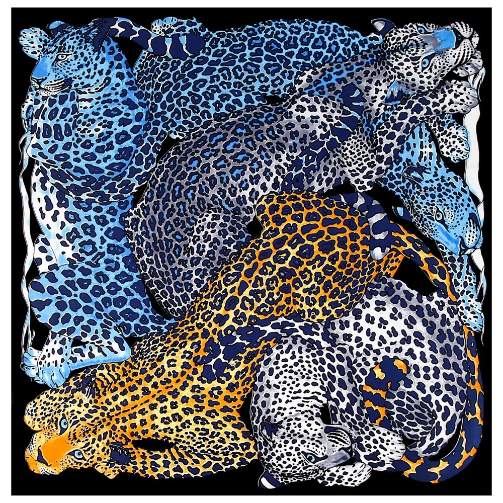 

130CM Silk Scarf Women Large Shawls Spain Leopard Print Stoles Square Bandana Luxury Kerchief Hijab Female Foulards
