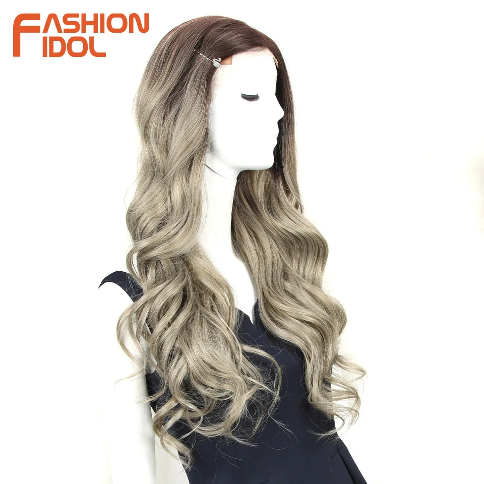 FASHION IDOL 30 Inch Deep Wave Baby Hair Synthetic Lace Front Wig Cosplay Ombre Brown Weater Wave Synthetic Wigs For Black Women