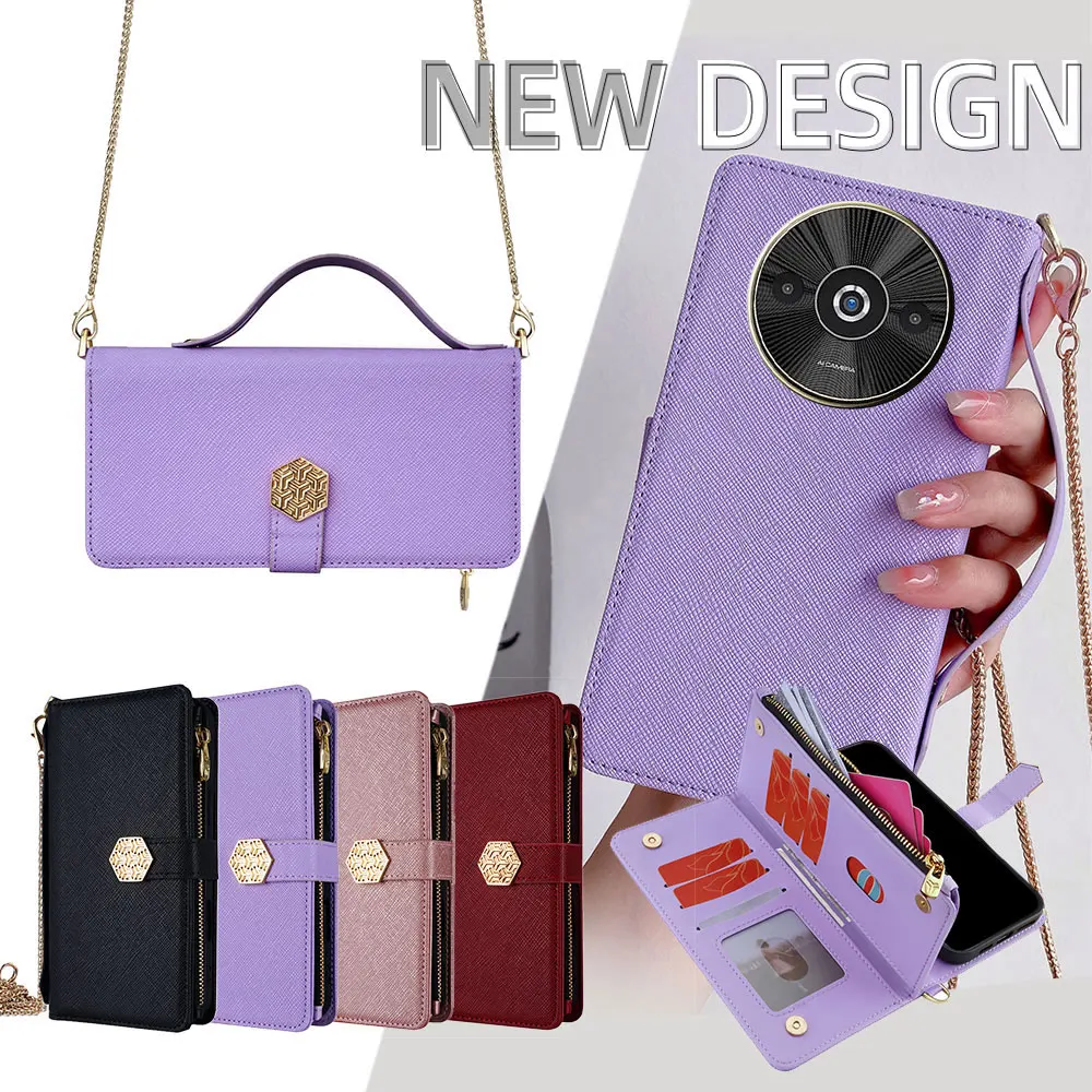 

Metal Chain Shoulder Lanyard Leather Zipper Wallet Crossbody Case for Xiaomi POCO C65 C61 C51 C50 Poco F6 F5 Pro F4 F3 GT Coque