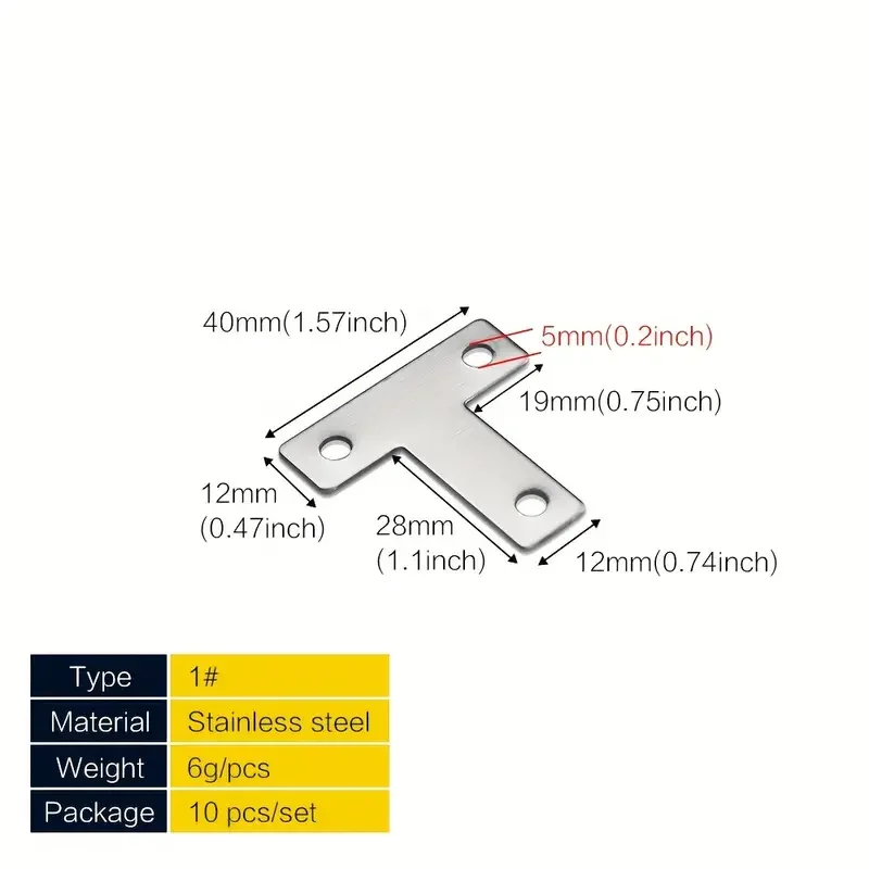 10Pcs T Corner Braces Bracket Connector Shape Flat Mending Plates Fixing Repair For Furniture, Silvery