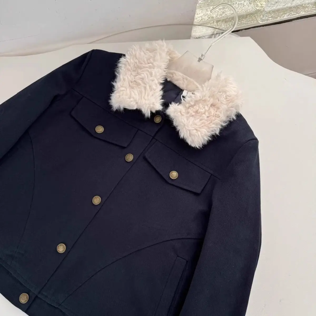 Faux Lambswool Patchwork Short Quilted Cotton Jacket Coat Women Retro Slim Navy Blue Padded Coat Female Workwear Style Outerwear