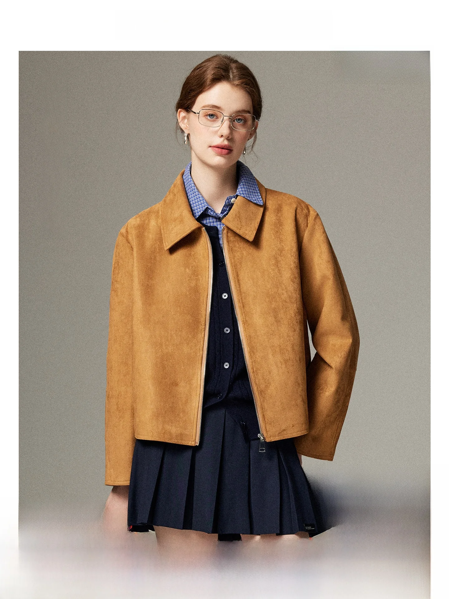 

Elely ort Suede Jaet for Women Autumn 2025 Zipper Closure Commute Sle Polyester Fiber Long Sve Pure Color