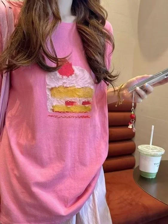 

Dopamine Fun Strawberry Cream Cake Print Loose Cotton T-Shirt Women's Summer Korean Style Short Sleeve round Neck Top