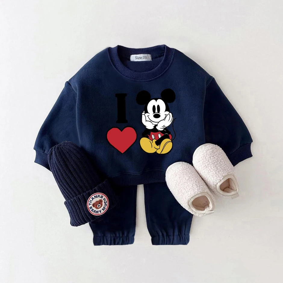 Autumn Baby Girl Clothes Sets Disney Winter Fleece Baby Clothes Outfit Mickey Mouse Toddler Baby Boy Outfit Set