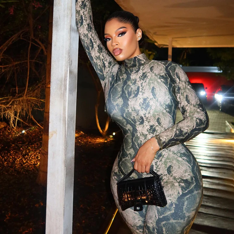 Vintage Snake Printed Jumpsuit Women Long Sleeve Turtleneck Backless Night Party Sheath Slim Rompers One Piece Sexy Club Outfit