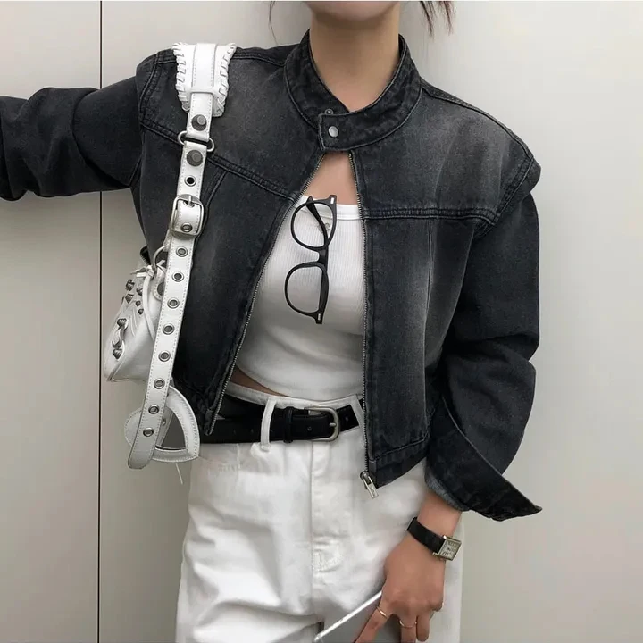 Chic Short Washed Denim Jacket Women's Loose Long Sleeve Stand Collar Slimming Versatile Retro Style Zipper Closure Outerwear