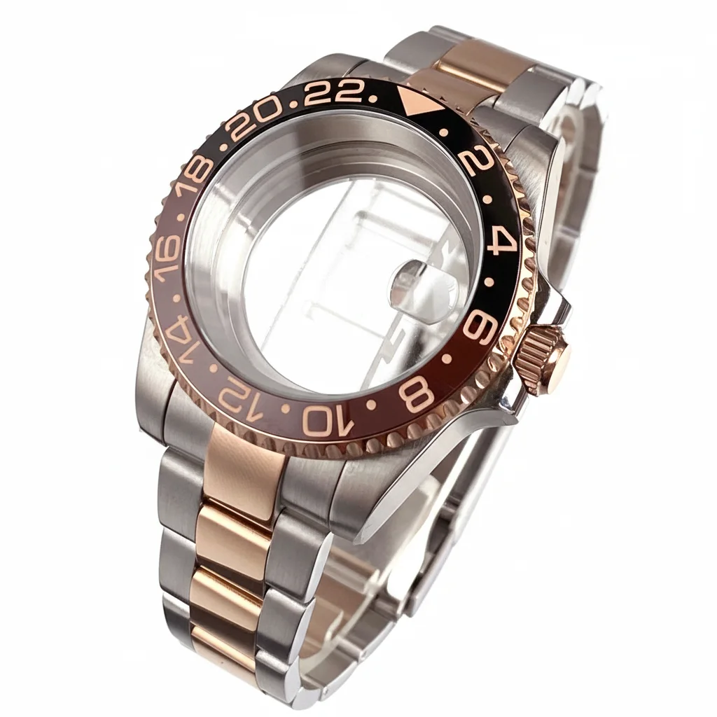 40mm Rootbeer Ceramic Bezel Sapphire Glass Watch Case Fit NH35 NH36 2824 Two Tone Case Case Replacement