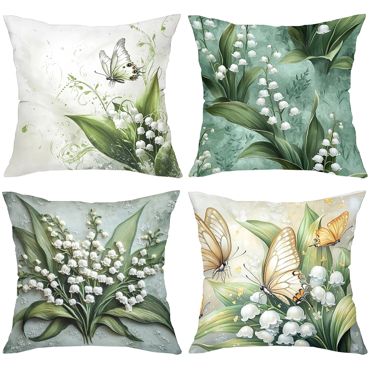 Lily of the valley butterfly pattern decorative pillow cover 2D flat print sofa cushion cover spring home decoration