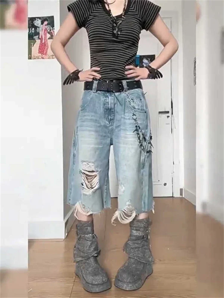 High Street Vintage Ripped Denimกางเกงขาสั้นผู้หญิงY2Kล้างหลวมขากว้างCroppedกางเกงยีนส์ดิบHemกลางลูกวัวกางเกงStreetwear E-สาว