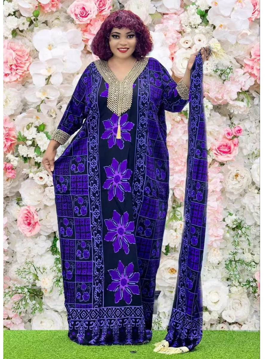 فستان عيد للسيدات الأفريقيات لعام 2025 مع وشاح كبير من القطن المموج مطبوع عليه زهور فضفاضة بوبو ماكسي إسلام عباية نسائية بأكمام قصيرة #3