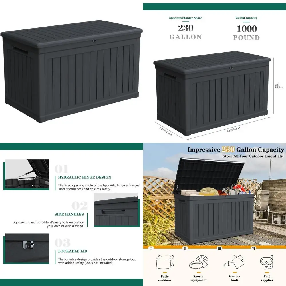 

Large 230-Gallon Resin Deck Storage Box, Weatherproof Outdoor Container, Secure Patio Furniture and Garden Equipment Storage, UV