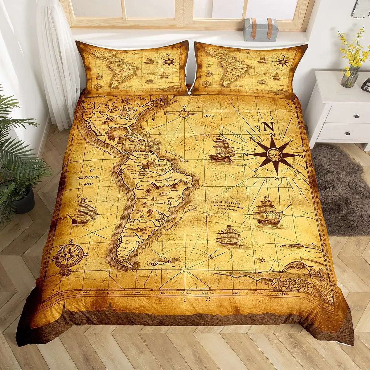 Nautical Map Duvet Cover Queen Pirate Boat Compass Bedding Set 3Pcs,Ocean Adventure Comforter Cover Vintage Brown Quilt Cover