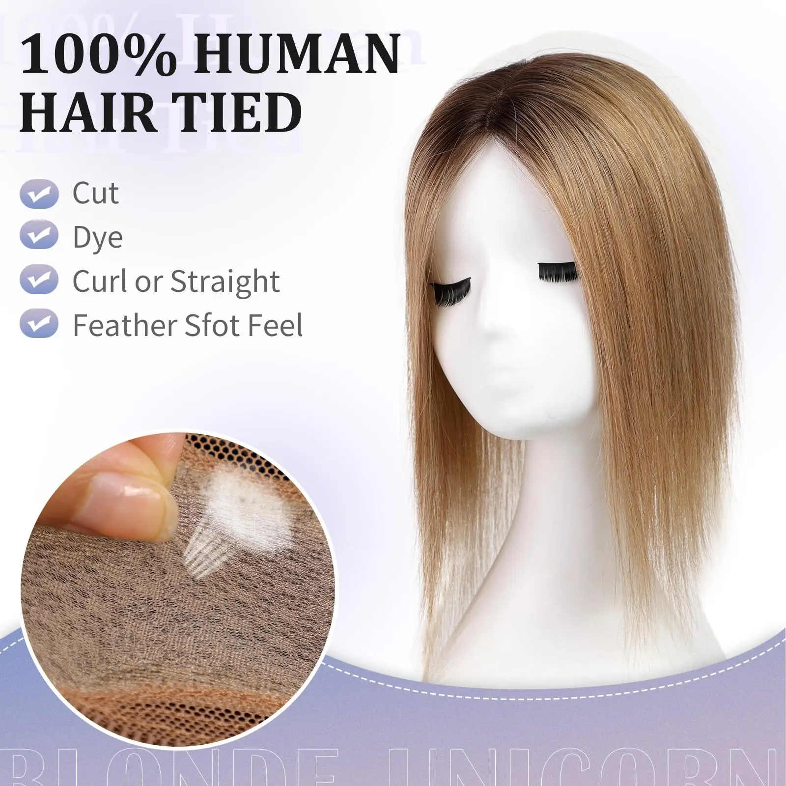 Light Brown Ombre Remy Human Hair Toppers Clips in 12 Inches Straight Hairpiece Extensions for Women 100% Remy Human Hair Topper