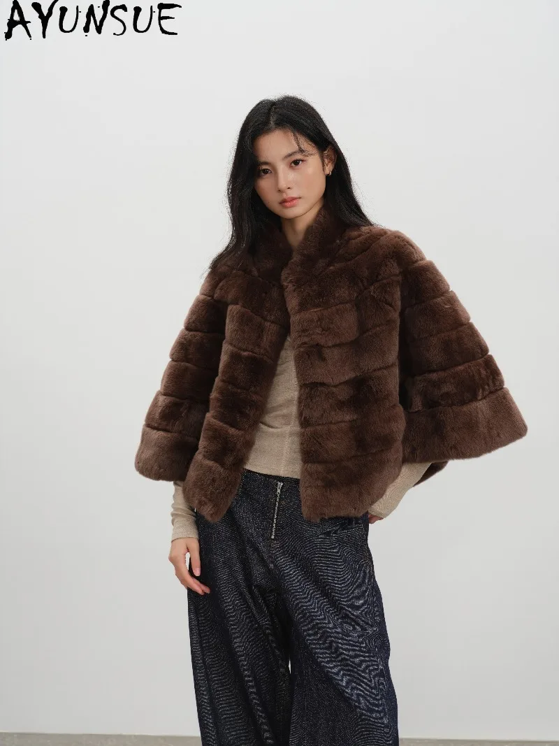 AYUSNUE Womens Rex Rabbit Fur Coat Small Stand Collar Vintage Short Length Fur Jacket Female Winter Clothing Roupas Femininas