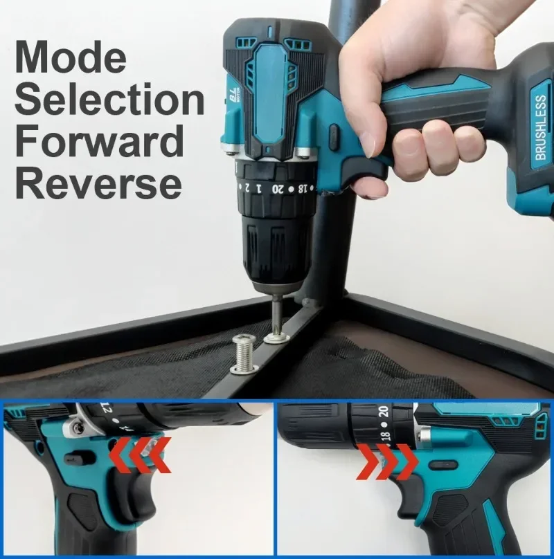 Brushless Cordless Electric Impact Drill Hammer, 3 em 1, 10mm, 20 + 2 Torque, Chave de fenda elétrica, Ferramentas elétricas para bateria Makita