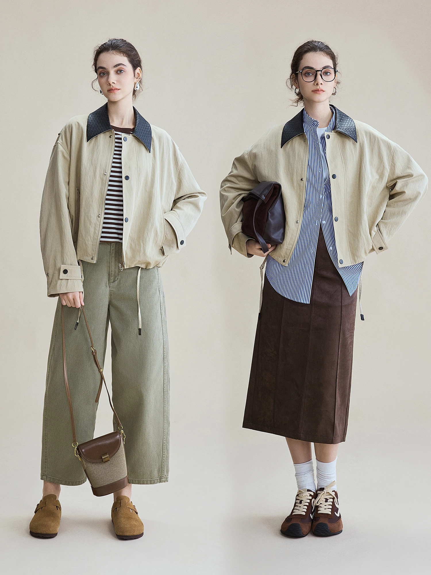 We Barn Sle ort leren kraagjas dames losse pasvorm contrasterende kleur Lyrca Fiber lente nieuwe mode bovenkleding