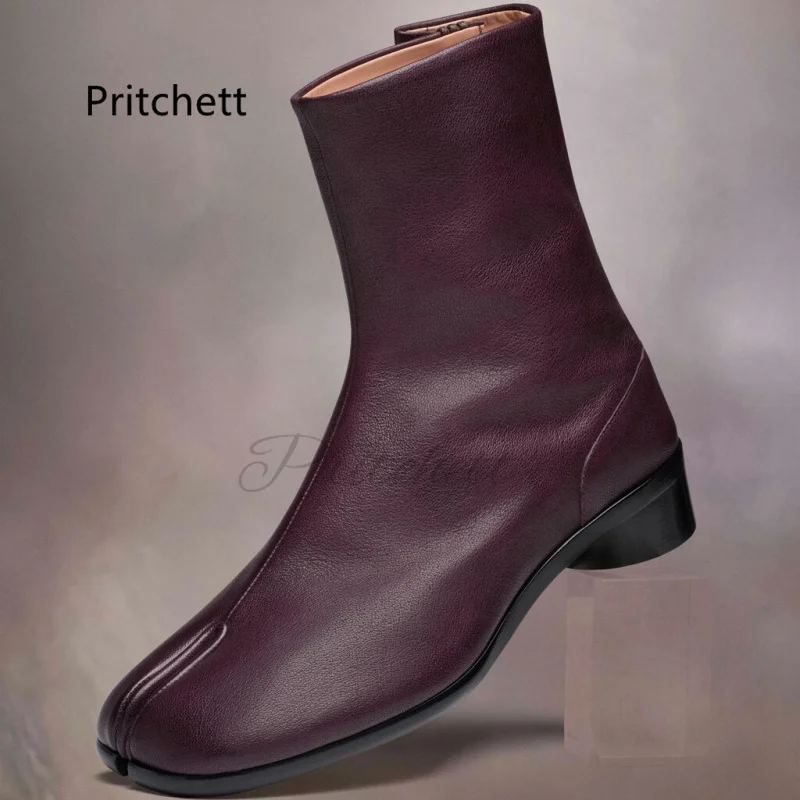 Split Toe Tabi Boots for Men Women Solid Colors Genuine Leather Ankle Boots 3Cm Round Heels Novelty Designer Style Couple Shoes