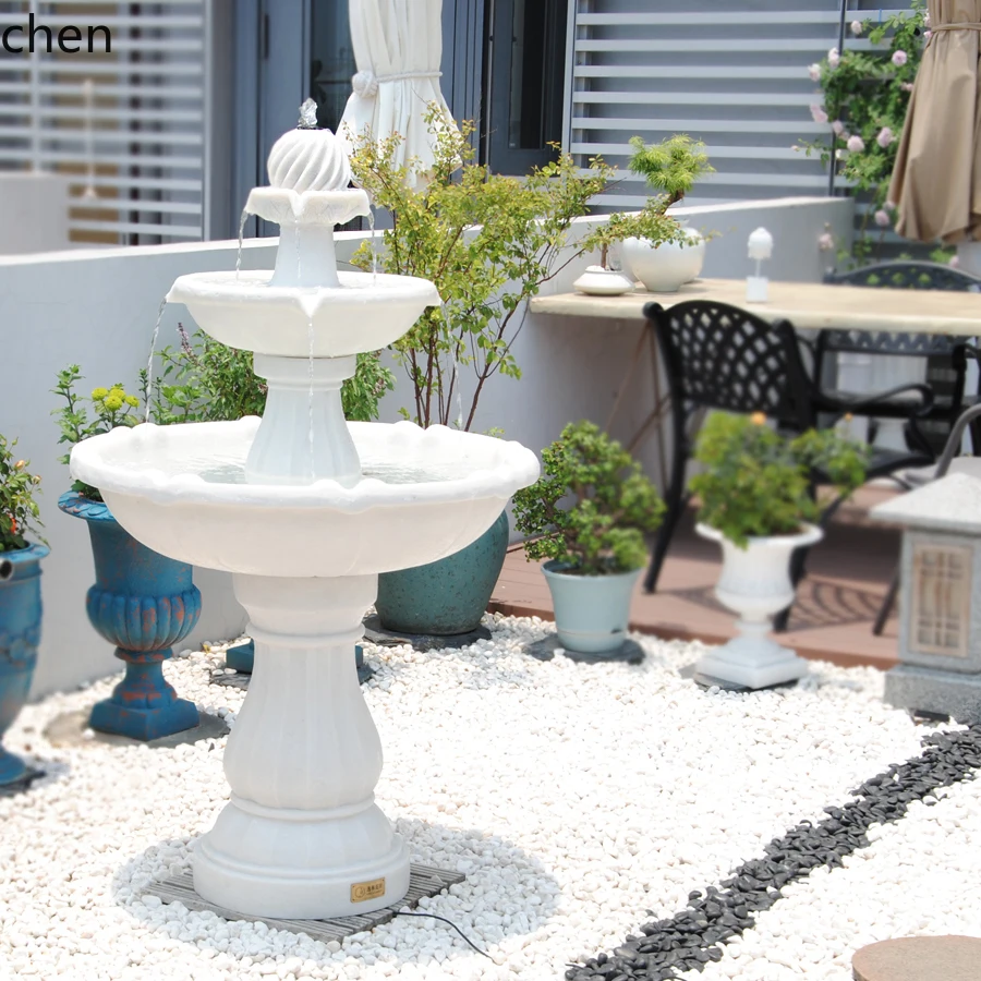 large solar water fountain outdoor courtyard landscaping layout, wishing pool circulating water feng shui