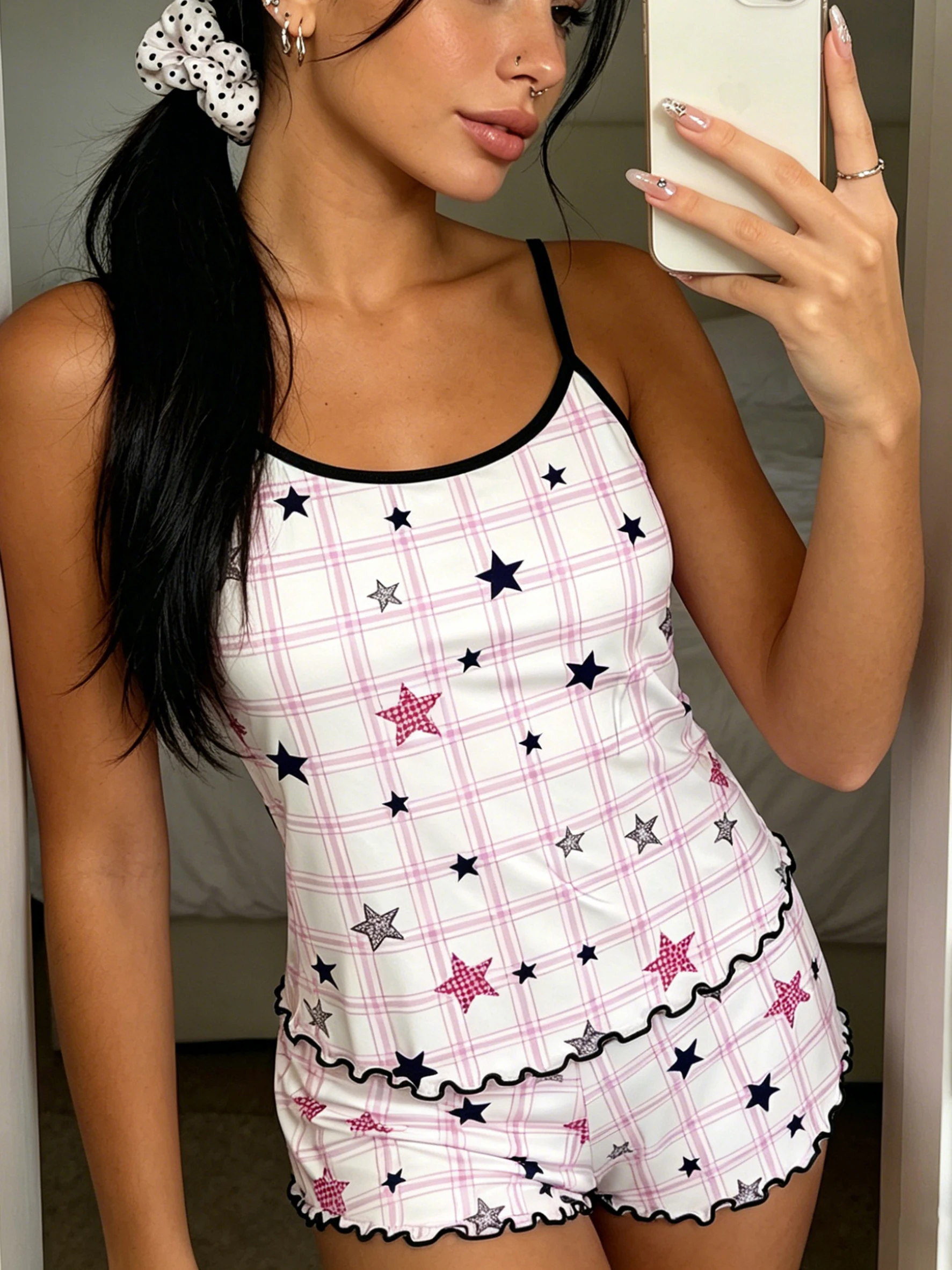 Women 2pcs Pajama Set Spaghetti Strap Ruffle Trim Round Neck Sleeveless Cami & Shorts Spring Summer Fall Cute Plaid Star Print