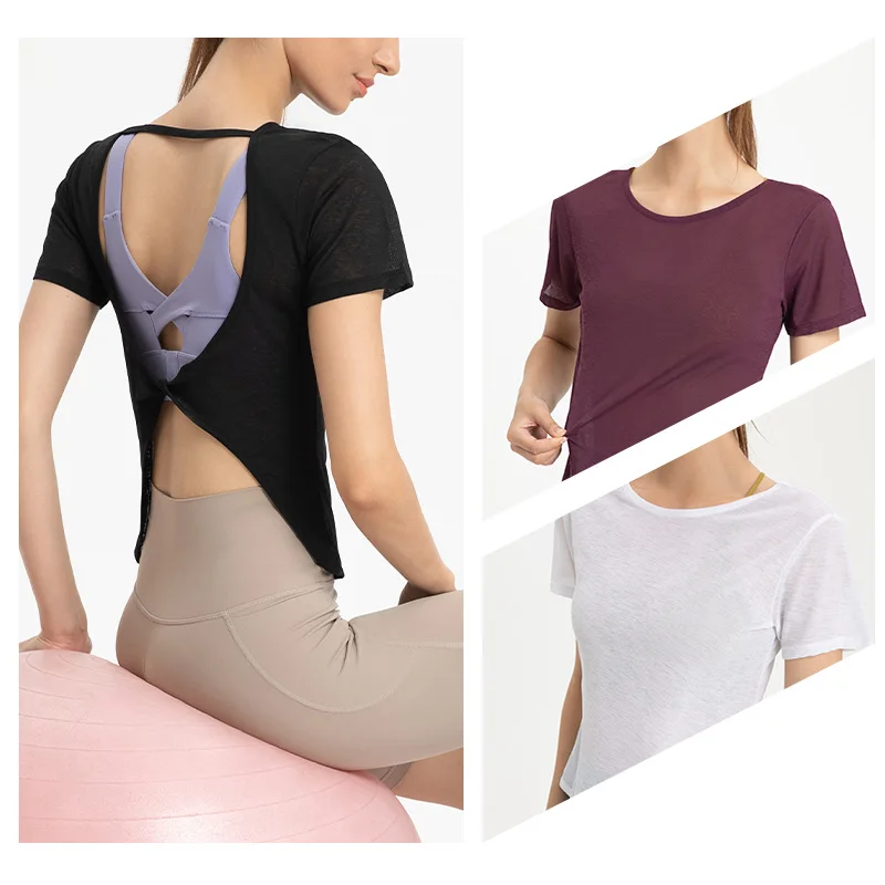 Stown Sportswear Translucent Sports Tops Woman Gym Open Back Fitness T-shirts Yoga Pilates Clothes Women Running Backless Tops