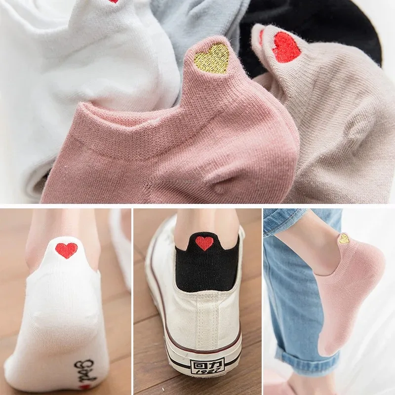 Cute Embroidery Love Heart Stereoscopic Heel Socks Fashion Funny Sokken Heel with Glitter Gold Silk Red Heart Ankle Socks Носки