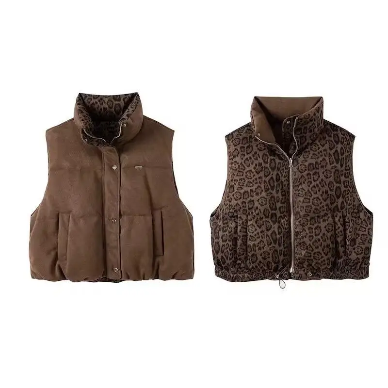 

Двусторонний носимый хлопковый жилет в стиле ретро с леопардовым принтом, трансграничный женский жилет с воротником-стойкой, весенний...