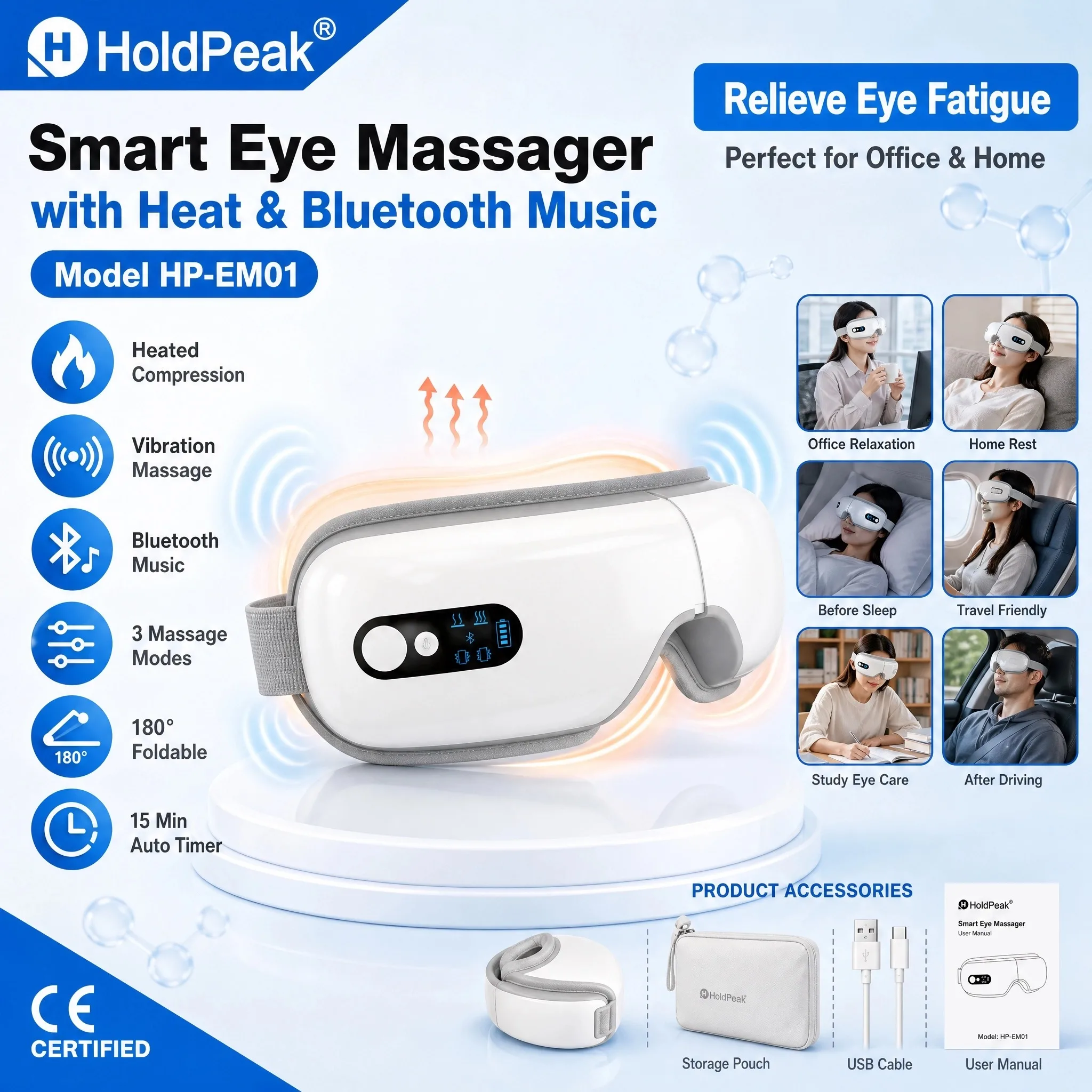 Wireless Eye Massager with Heat Compress Vibration 3 Levels 1200mAh Rechargeable Foldable PU Skin for Travel Relax