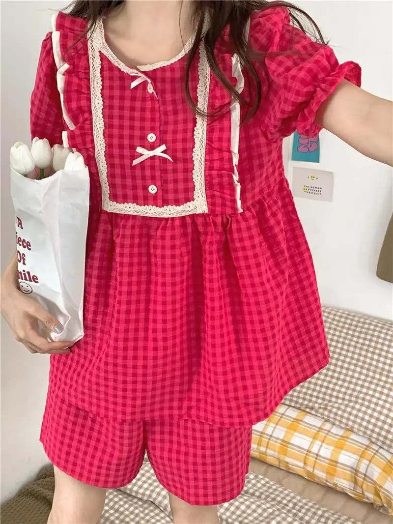 Pitaya Color Plaid Summer Pajamas Set Women Bow Buttons Ruffles Shirts Top + Shorts Cotton Sleepwear Two Piece Home Suit