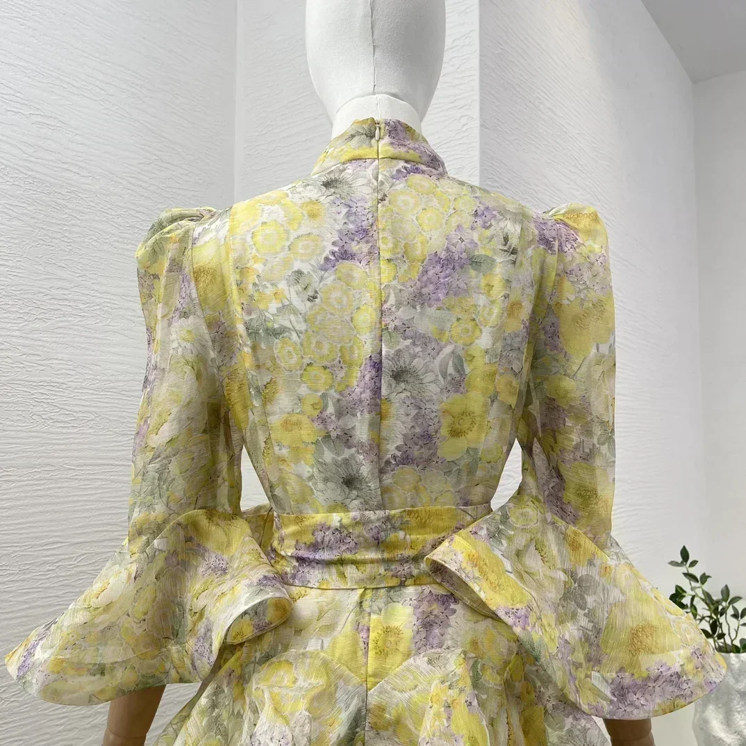 InjLinen-Robe mi-longue à volants à imprimé floral jaune pour femme, col roulé en cascade, nœud, haute qualité, nouveau, 2024