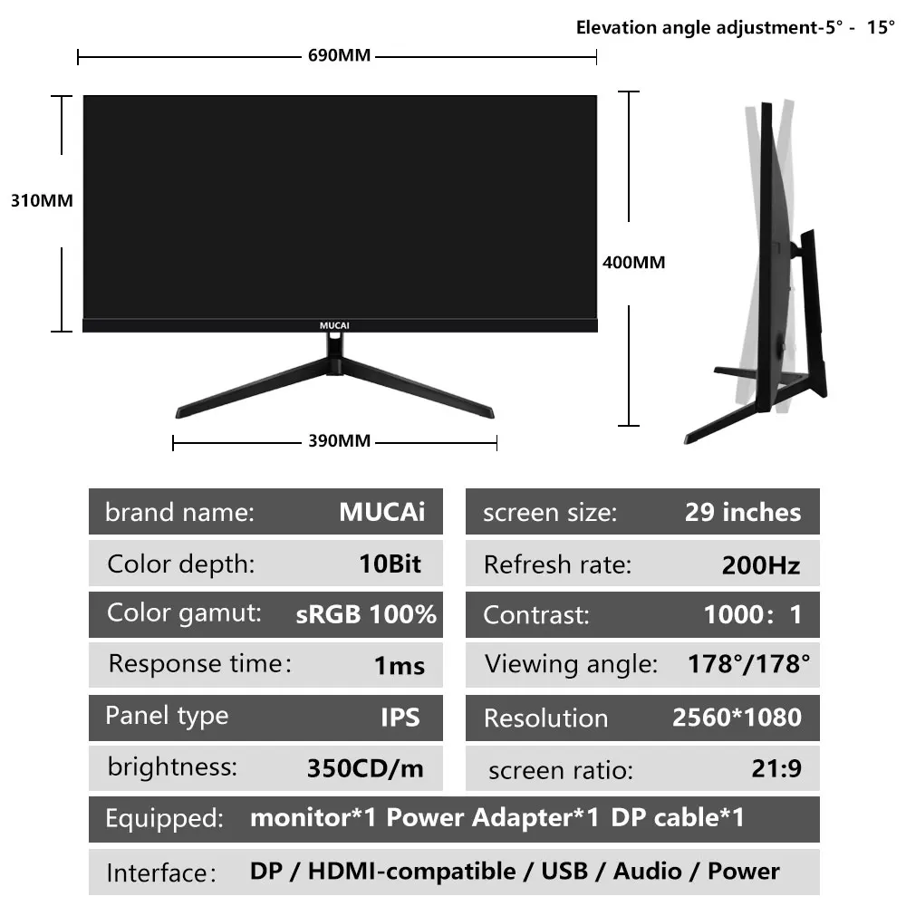 MUCAI 29 Inch Monitor 200Hz Wide Display 21:9 IPS WFHD Desktop LED Gamer Computer Screen Not Curved DP/2560*1080