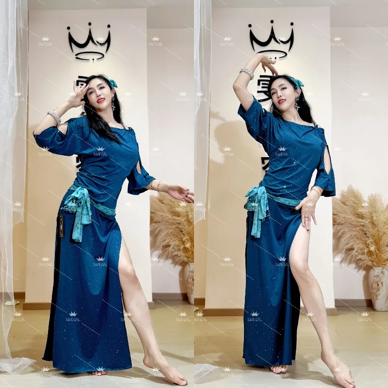 Customized Belly Dance Practice Dress with Silver Ice Silk Powder Purple Bat Sleeve Robe with Silver Hidden Blue Robe